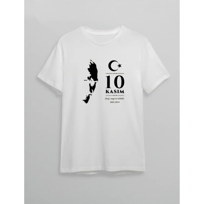 10 Kasım Atatürk Anma Günü Silüet Baskılı Oversize Bisiklet Yaka T-shirt - Beyaz