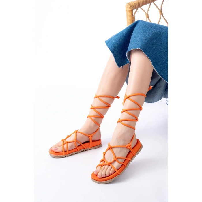 1001-1001 Orange Bilekten Bağcıklı Kadın Sandalet