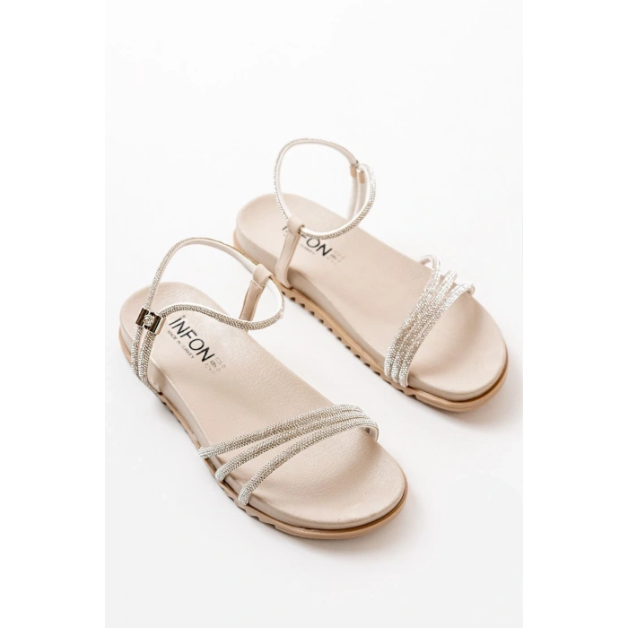 1001-1100 Bej Gümüş Taşlı Günlük Kadın Sandalet