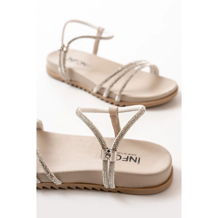 1001-1100 Bej Gümüş Taşlı Günlük Kadın Sandalet