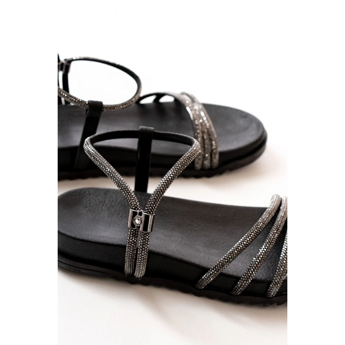 1001-1100 Siyah Platin Taşlı Günlük Kadın Sandalet