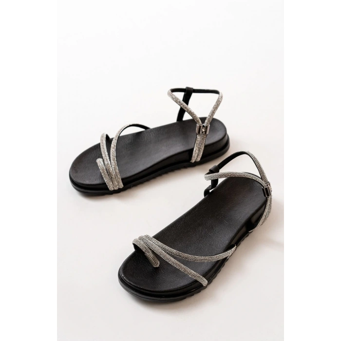 1001-1101 Siyah Gümüş Taşlı Günlük Kadın Sandalet