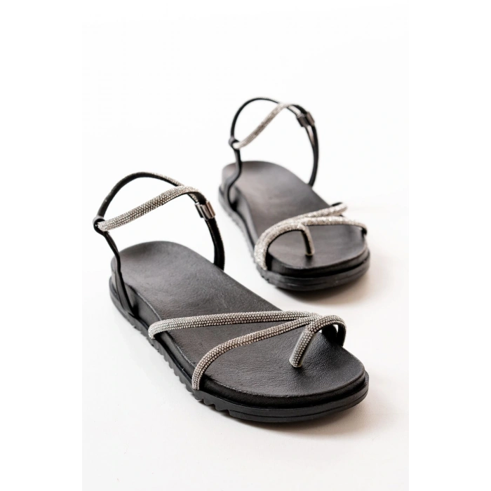 1001-1101 Siyah Gümüş Taşlı Günlük Kadın Sandalet