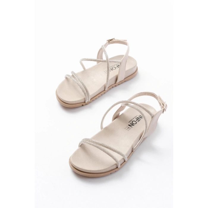 1001-1105 Bej Gümüş Taşlı Günlük Kadın Sandalet