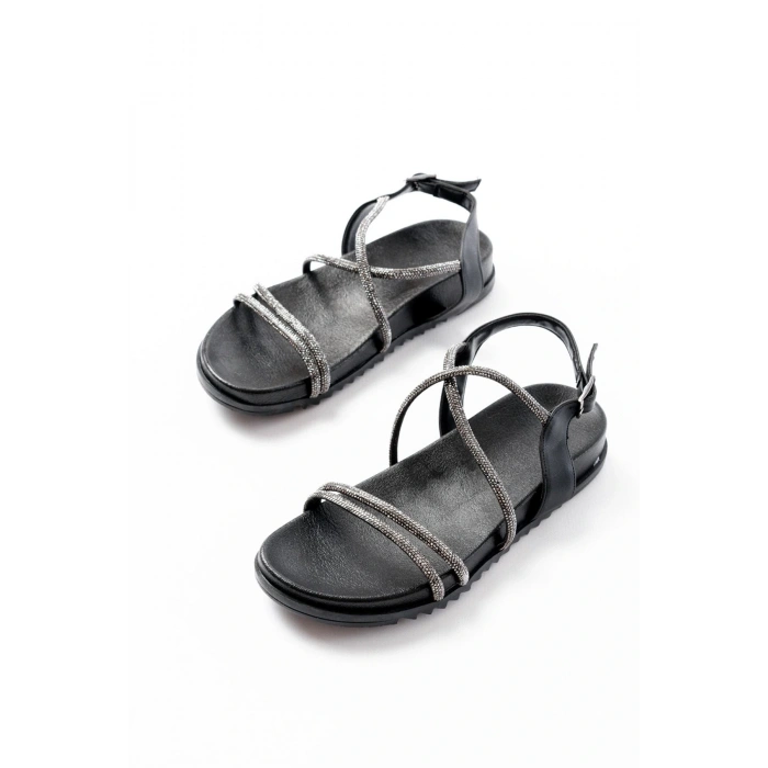 1001-1105 Siyah Platin Taşlı Günlük Kadın Sandalet