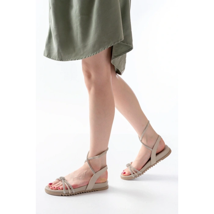 1001-1120 Bej Gümüş Taşlı Günlük Kadın Sandalet