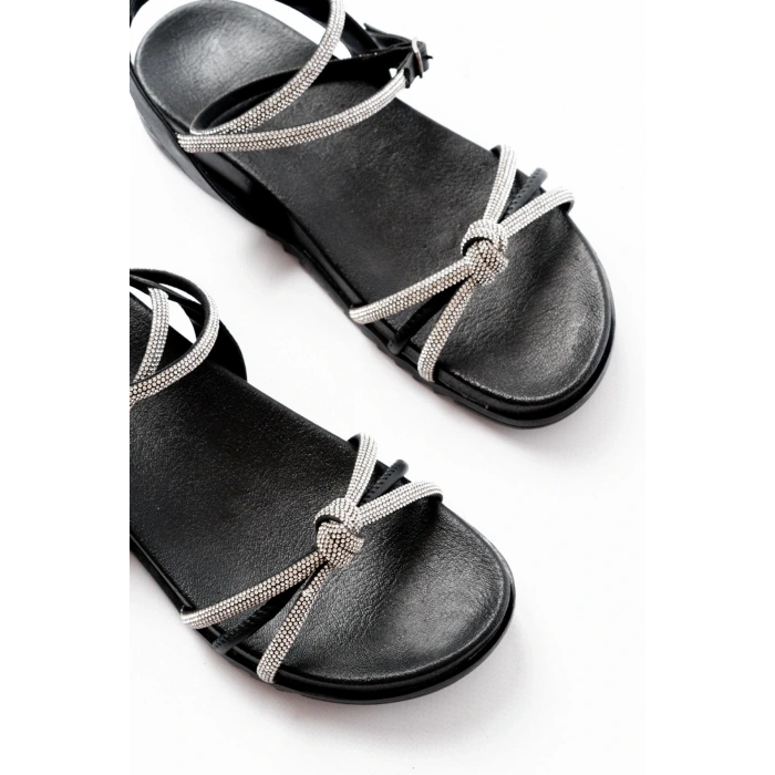 1001-1120 Siyah Gümüş Taşlı Günlük Kadın Sandalet