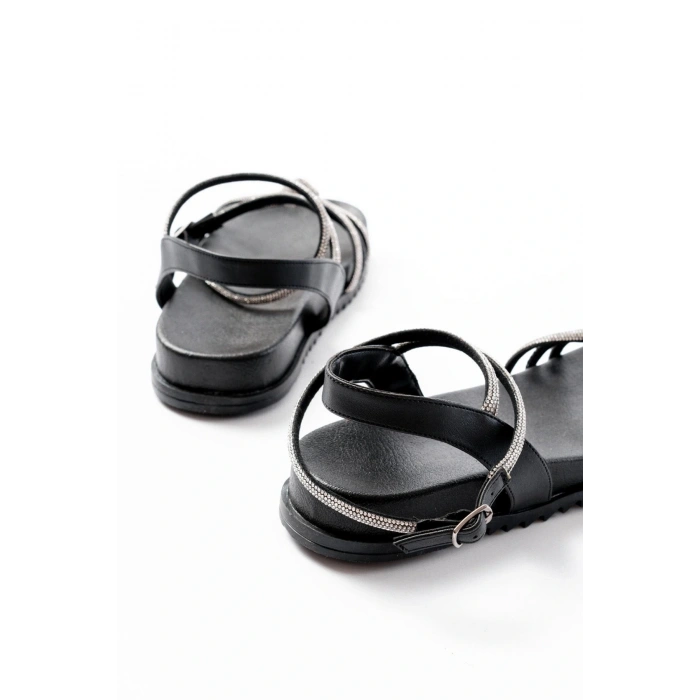 1001-1120 Siyah Gümüş Taşlı Günlük Kadın Sandalet