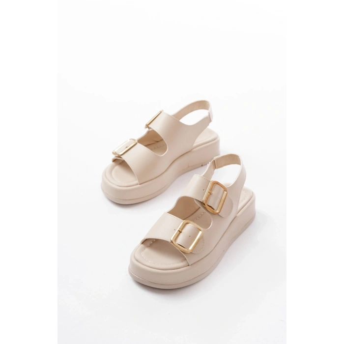 1187 Bej Dolgu Topuk Lastik Baretli  Kadın Sandalet