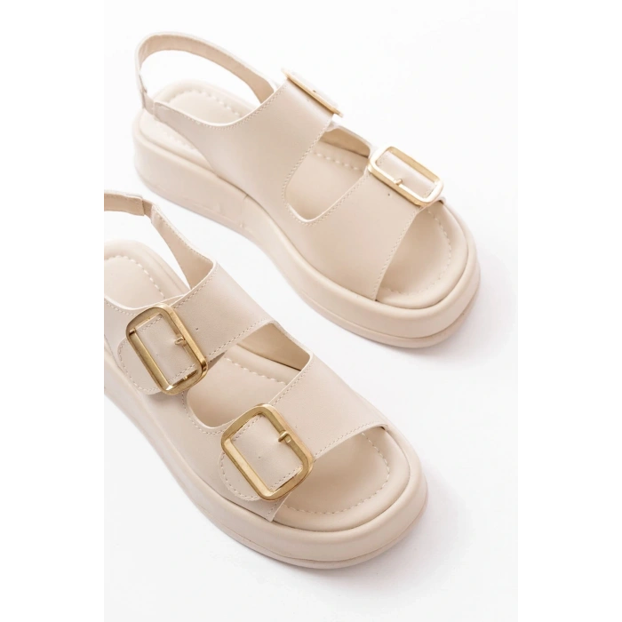 1187 Bej Dolgu Topuk Lastik Baretli  Kadın Sandalet