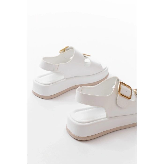 1187 Beyaz Dolgu Topuk Lastik Baretli  Kadın Sandalet
