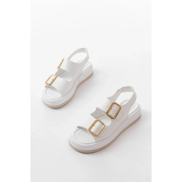 1187 Beyaz Dolgu Topuk Lastik Baretli  Kadın Sandalet