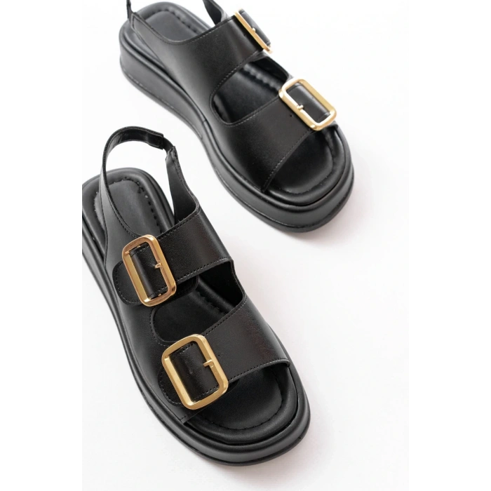 1187 Siyah Dolgu Topuk Lastik Baretli  Kadın Sandalet