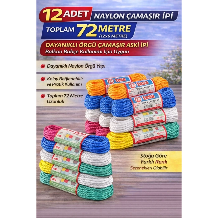 12 Adet Naylon Çamaşır İpi 6 Metre Dayanıklı Örgü Çamaşır Askı İpi Toplam 72 Metre