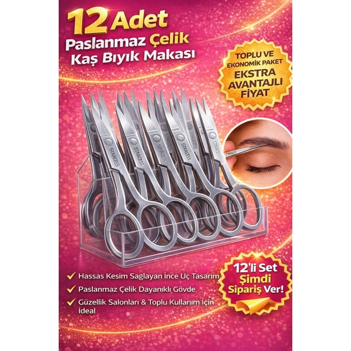 12 Adet Paslanmaz Çelik Kaş Bıyık Makası Profesyonel Kaş Düzeltme Makası Hassas Uçlu Kaş Alma Makası