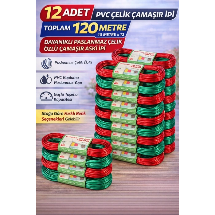 12 Adet PVC Çelik Çamaşır İpi 10 Metre Dayanıklı Çelik Özlü Çamaşır Askı İpi Toplam 120 Metre