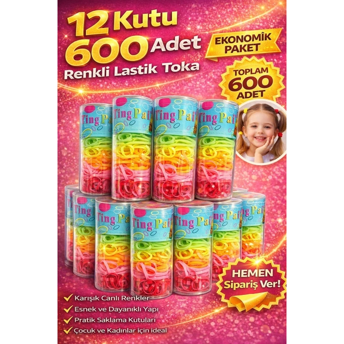 12 Kutu 600 Adet Renkli Lastik Toka Seti Karışık Renkli Saç Lastiği Çocuk ve Kadın Saç Tokası