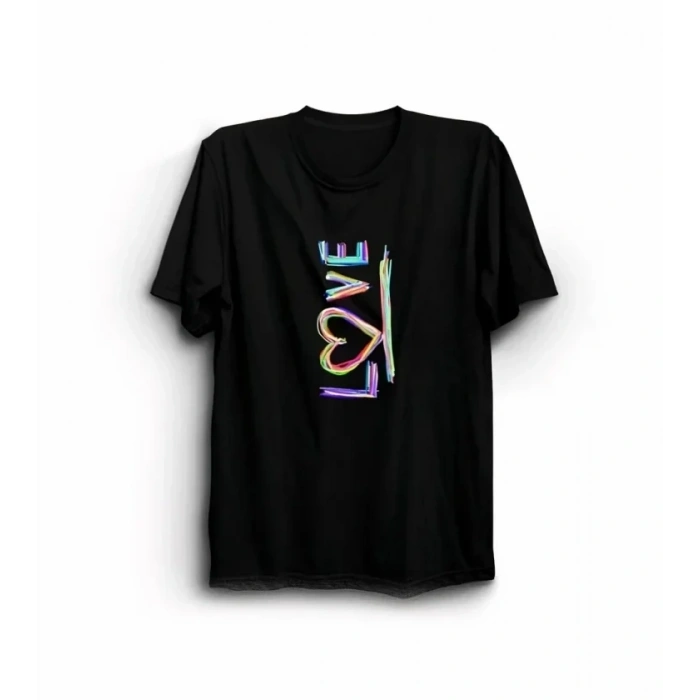 14 Şubat Sevgililer Günü Love Baskılı Oversize Bisiklet Yaka T-shirt - Siyah