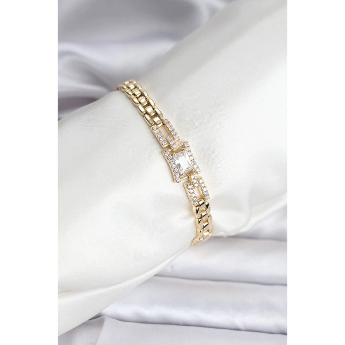 14K Gold Renk Kaplama Zirkon Kare Taşlı CM Kadın Bileklik