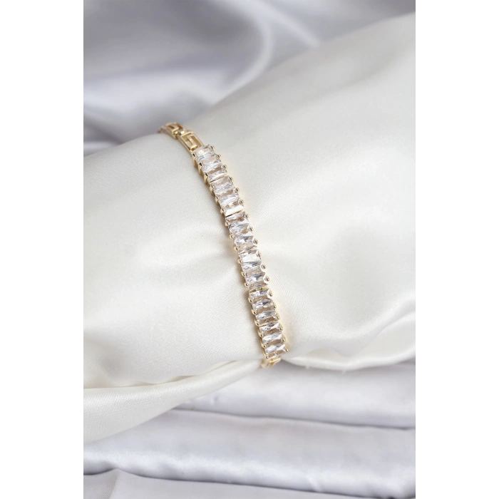 14K Gold Renk Kaplama Zirkon Taşlı Baget Model CM Kadın Bileklik