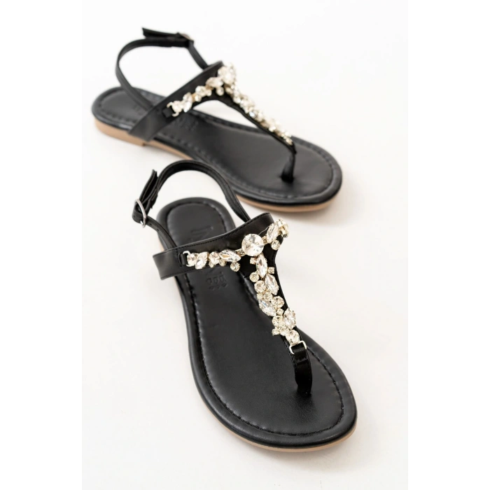 152-1110 Siyah Gümüş Taşlı Parmak Arası Kadın Sandalet