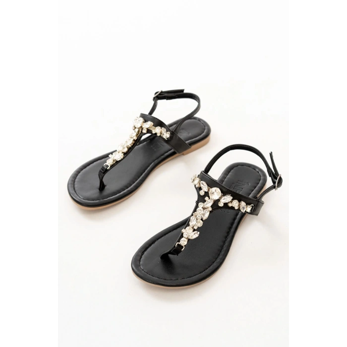 152-1110 Siyah Gümüş Taşlı Parmak Arası Kadın Sandalet