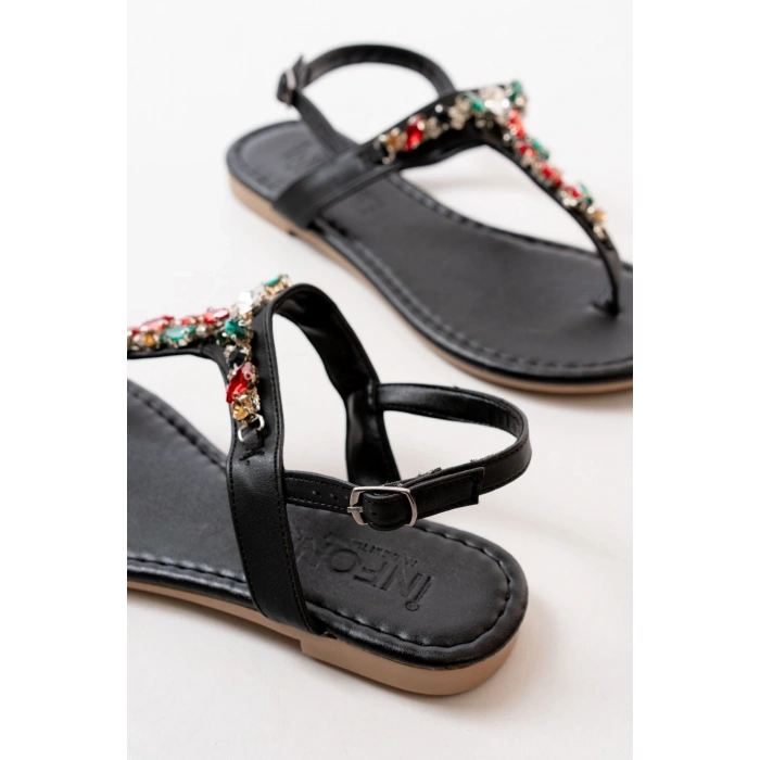 152-1110 Siyah Multi Taşlı Parmak Arası Kadın Sandalet
