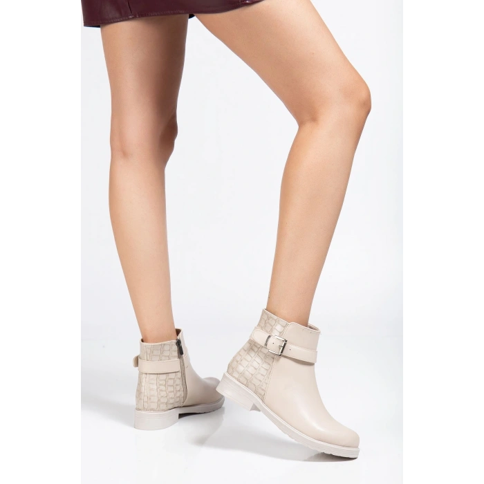 165-204/1 Bej Kroko Toka Aksesuarlı Fermuarlı Günlük Kadın Bot