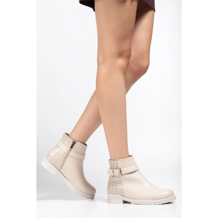 165-204/1 Bej Kroko Toka Aksesuarlı Fermuarlı Günlük Kadın Bot