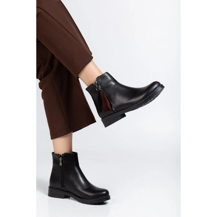 165-205 Siyah Cilt Yaprak Desenli Fermuarlı Günlük Kadın Bot