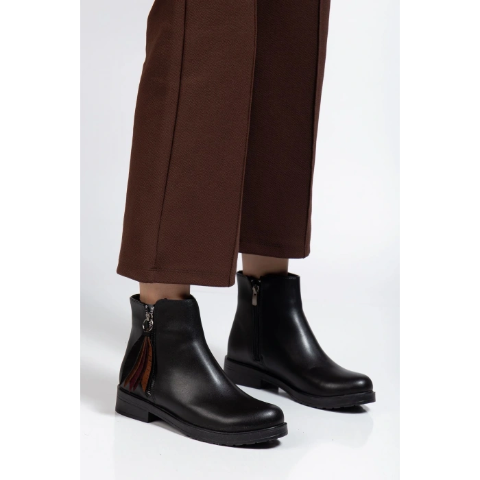 165-205 Siyah Cilt Yaprak Desenli Fermuarlı Günlük Kadın Bot