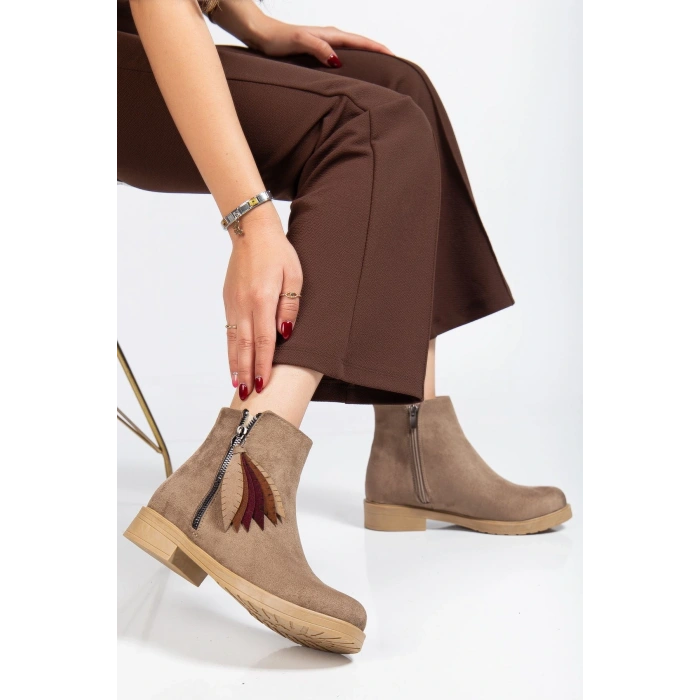 165-205 Vizon Süet  Yaprak Desenli Fermuarlı Günlük Kadın Bot