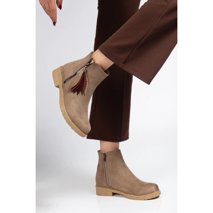 165-205 Vizon Süet  Yaprak Desenli Fermuarlı Günlük Kadın Bot