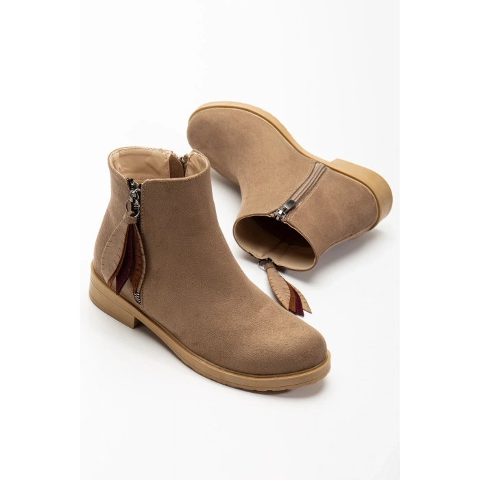 165-205 Vizon Süet  Yaprak Desenli Fermuarlı Günlük Kadın Bot