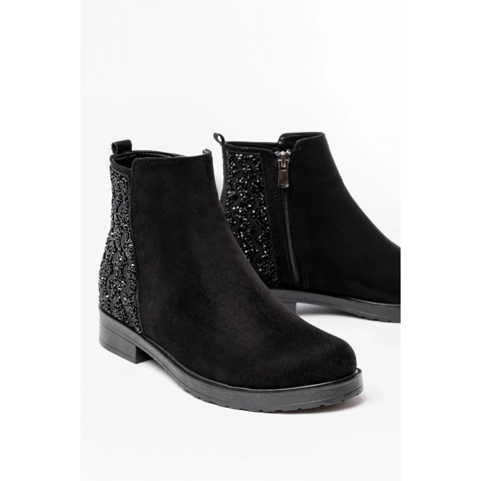 165-212 Siyah Süet Taş Aksesuarlı Fermuarlı Günlük Kadın Bot