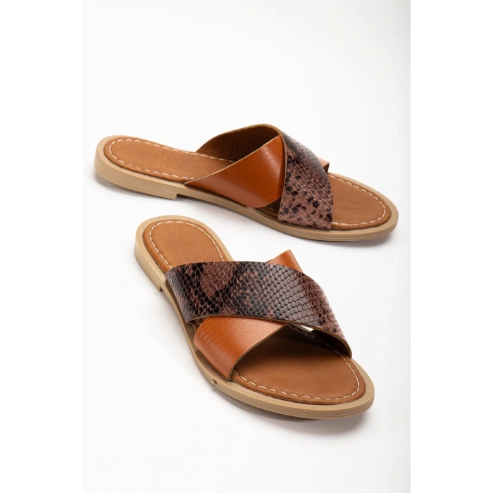 169-076 Taba Ortopedik Hakiki Deri Çapraz Bantlı Kadın Terlik