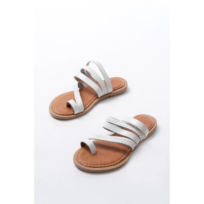 169-160 Beyaz  Örgülü Ortopedik Taban Parmak Arası Hakiki Deri Kadın Terlik