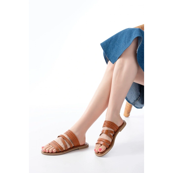 169-161 Taba Örgülü Ortopedik Taban Hakiki Deri Kadın Sandalet