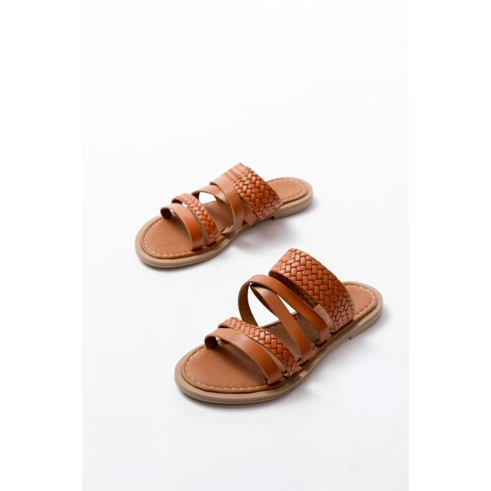 169-161 Taba Örgülü Ortopedik Taban Hakiki Deri Kadın Sandalet