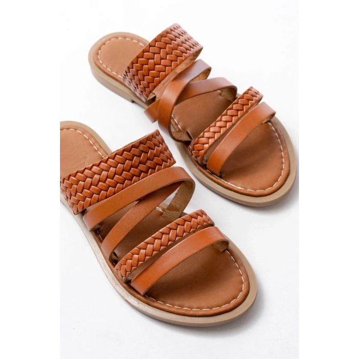 169-161 Taba Örgülü Ortopedik Taban Hakiki Deri Kadın Sandalet