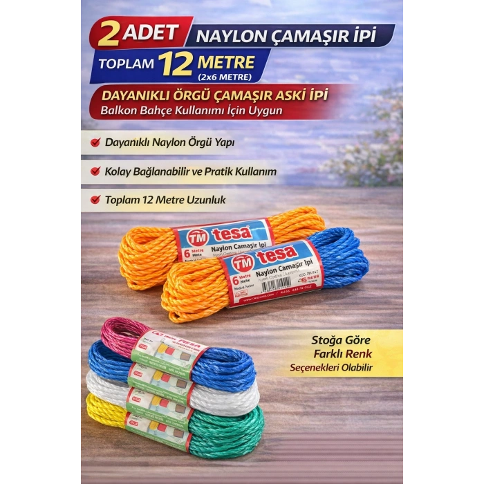 2 Adet Naylon Çamaşır İpi 6 Metre Dayanıklı Örgü Çamaşır Askı İpi Toplam 12 Metre