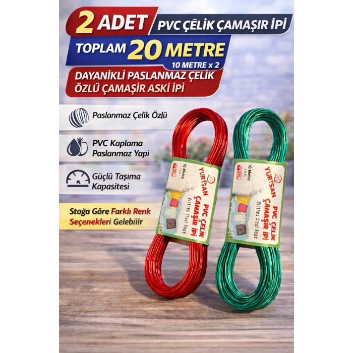 2 Adet PVC Çelik Çamaşır İpi 10 Metre Dayanıklı Çelik Özlü Çamaşır Askı İpi Toplam 20 Metre