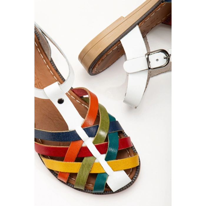 205-02 Beyaz Multi Ortopedik Hakiki Deri Kadın Sandalet