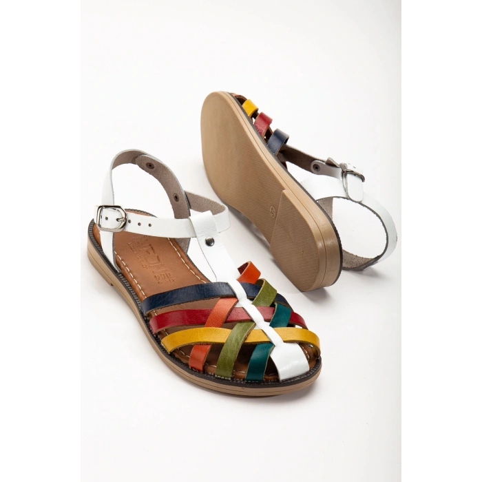 205-02 Beyaz Multi Ortopedik Hakiki Deri Kadın Sandalet