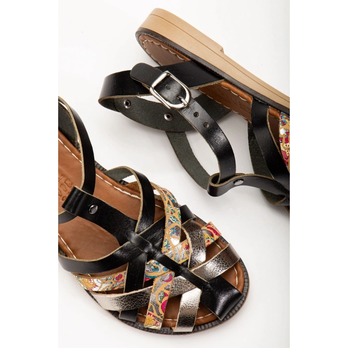 205-02 Siyah Garni Ortopedik Hakiki Deri Kadın Sandalet