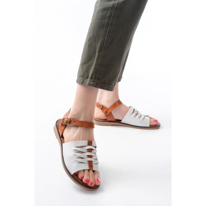 205-029 Beyaz Ortopedik Hakiki Deri Kadın Sandalet