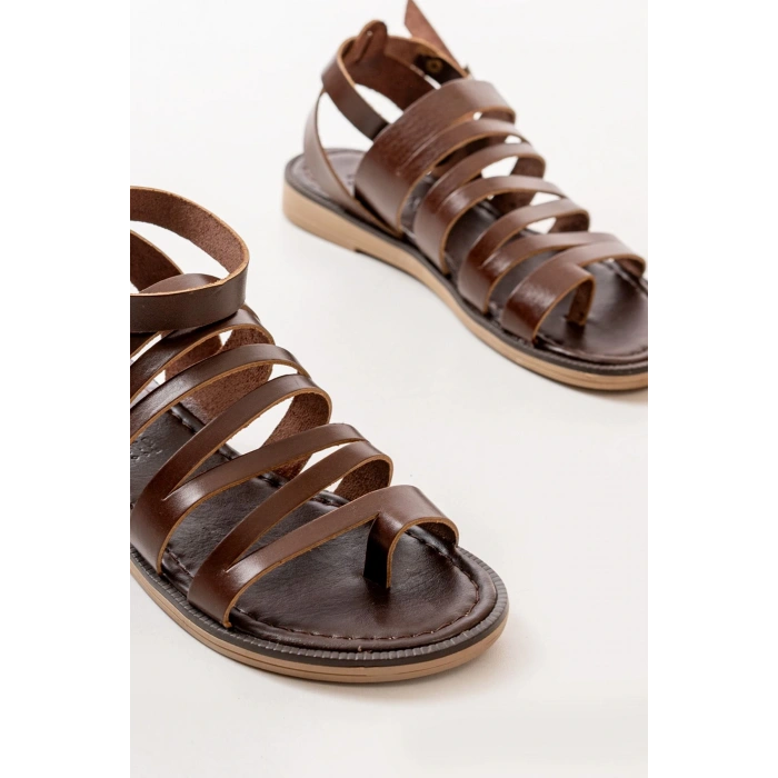 205-041 Koyu Kahve Ortopedik Hakiki Deri Kadın Sandalet