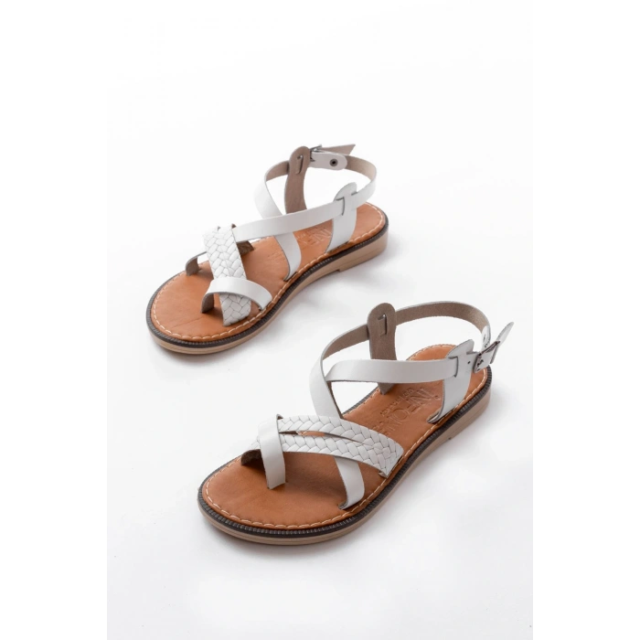 205-09 Beyaz Ortopedik Hakiki Deri Kadın Sandalet