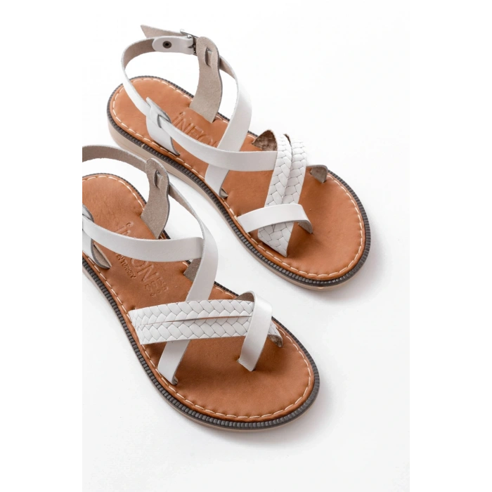 205-09 Beyaz Ortopedik Hakiki Deri Kadın Sandalet