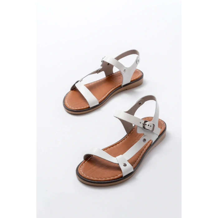 205-090 Beyaz Hakiki Deri Tokalı Kadın Sandalet